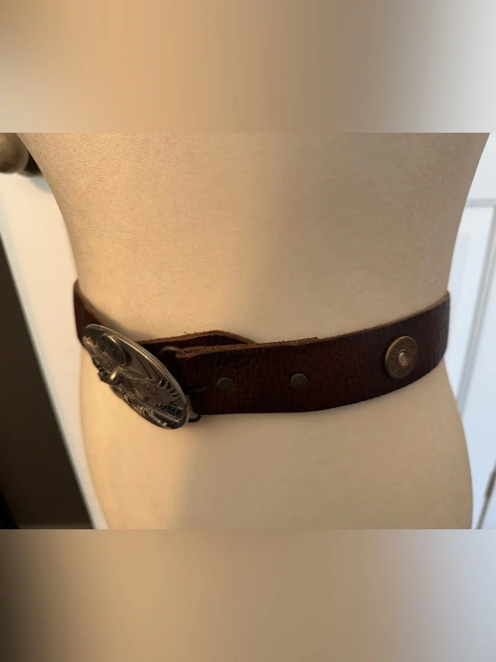 Vintage 1994 Nocona Brown Leather Belt 3D Eagle NRA Flag & Rifle Buckle 12 Gauge